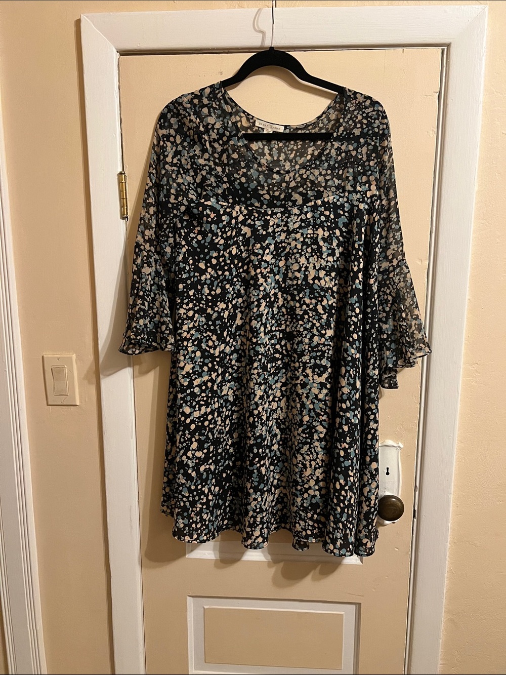 Anthropologie Paper Crown Black Floral Mini Dress with Cream and Teal Speckle